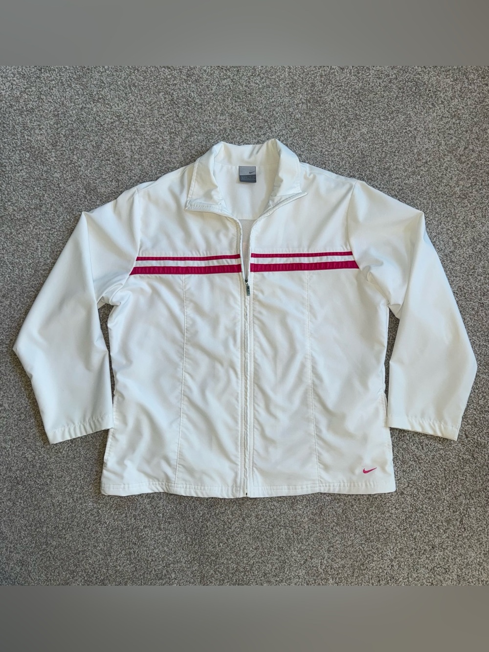 Nike Women's White Full Zip Jacket Pink Stripe Athletic Windbreaker Size XL